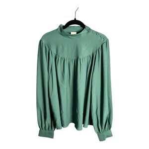 A New Day Green Long Sleeve High Neck Blouse Button Detail Size Large